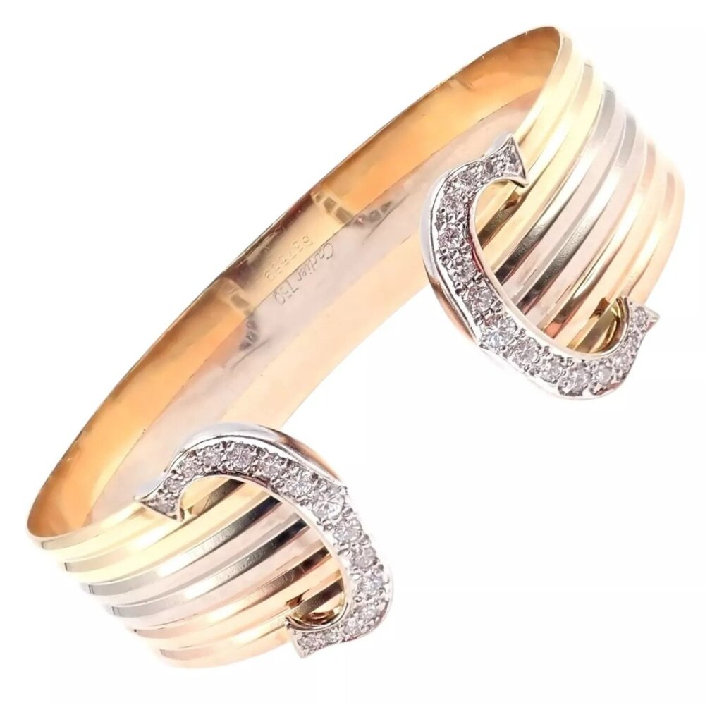 Authentic! Cartier 18k Tri-Color Gold Diamond Double C Wide Cuff Bangle Bracelet